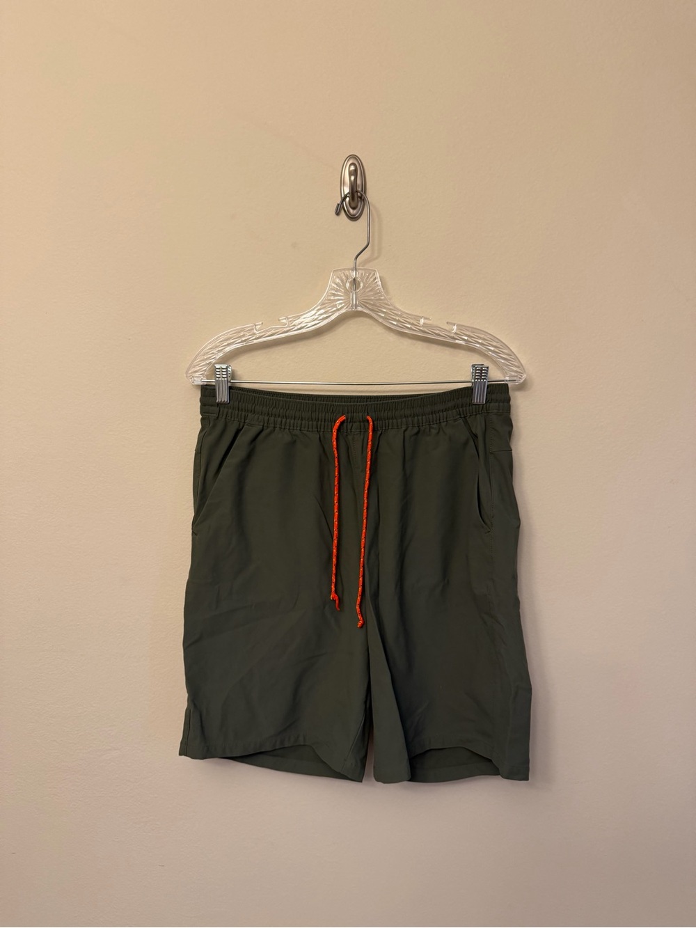Men's Marmot Olive Green Athletic Shorts with Orange Drawcord